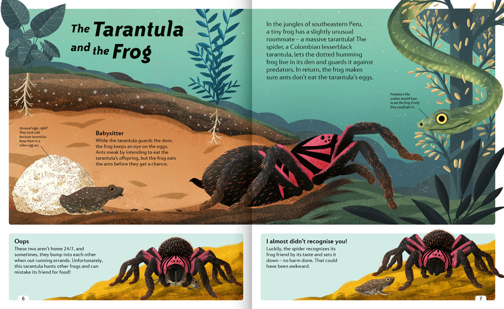 Book pages about the Tarantula and the Frog