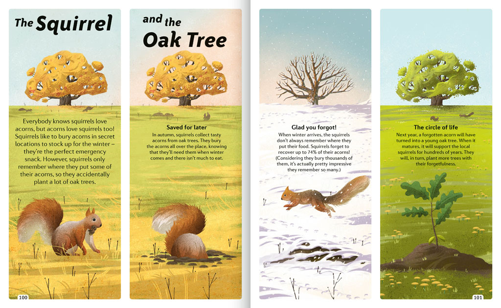 Book pages about the Squirrel and the Oak Tree