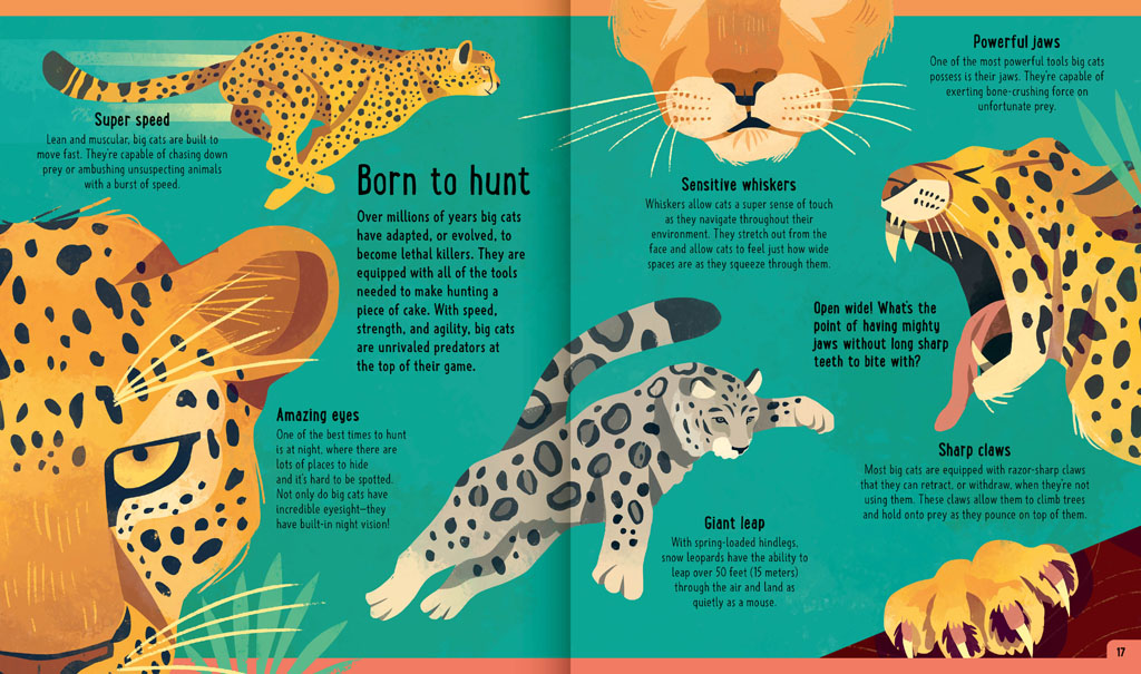 Book pages about big cat hunting features