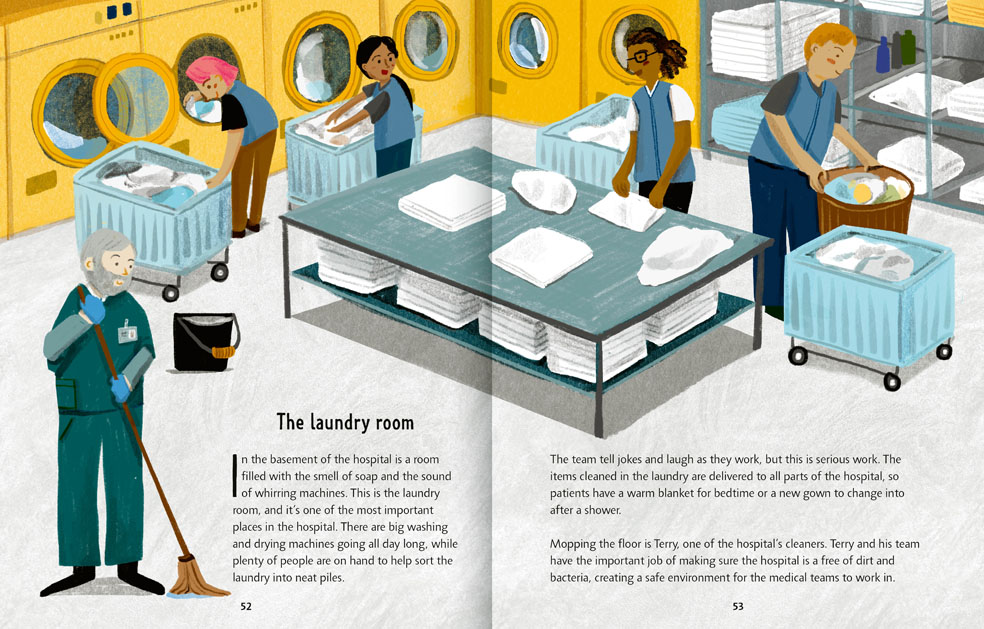 Book pages about a hospital laundry room