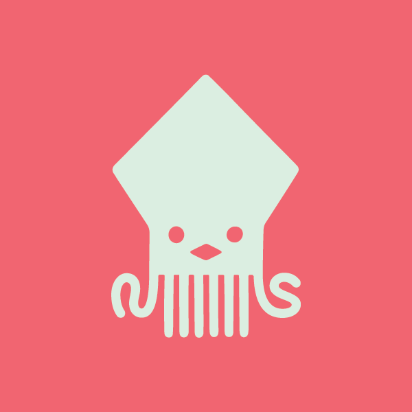 A simple white illustration of a squid with a diamond-shaped head and dangling tentacles, centered on a solid coral pink background.