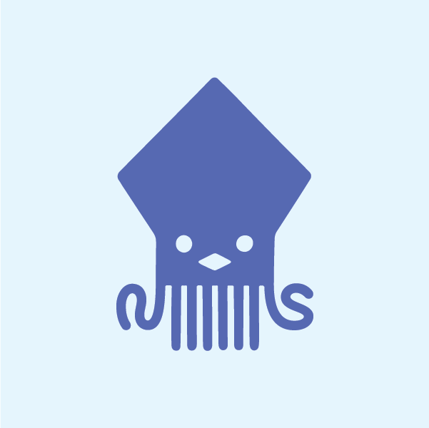 Illustration of a stylized squid in a light blue color with a diamond-shaped head and dangling tentacles, set against a matching light blue background.