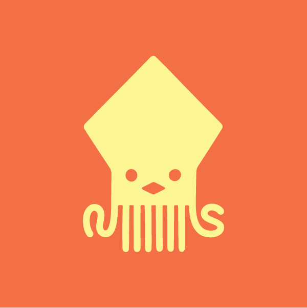 A simple, stylized graphic of a squid in pale yellow on a solid orange background. the squid has a diamond-shaped head and dangling tentacles.