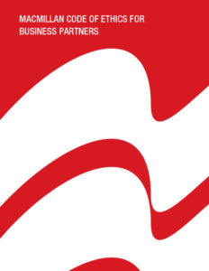 The image features a bold red and white design with a wave-like pattern and the text "macmillan code of ethics for business partners" at the top.