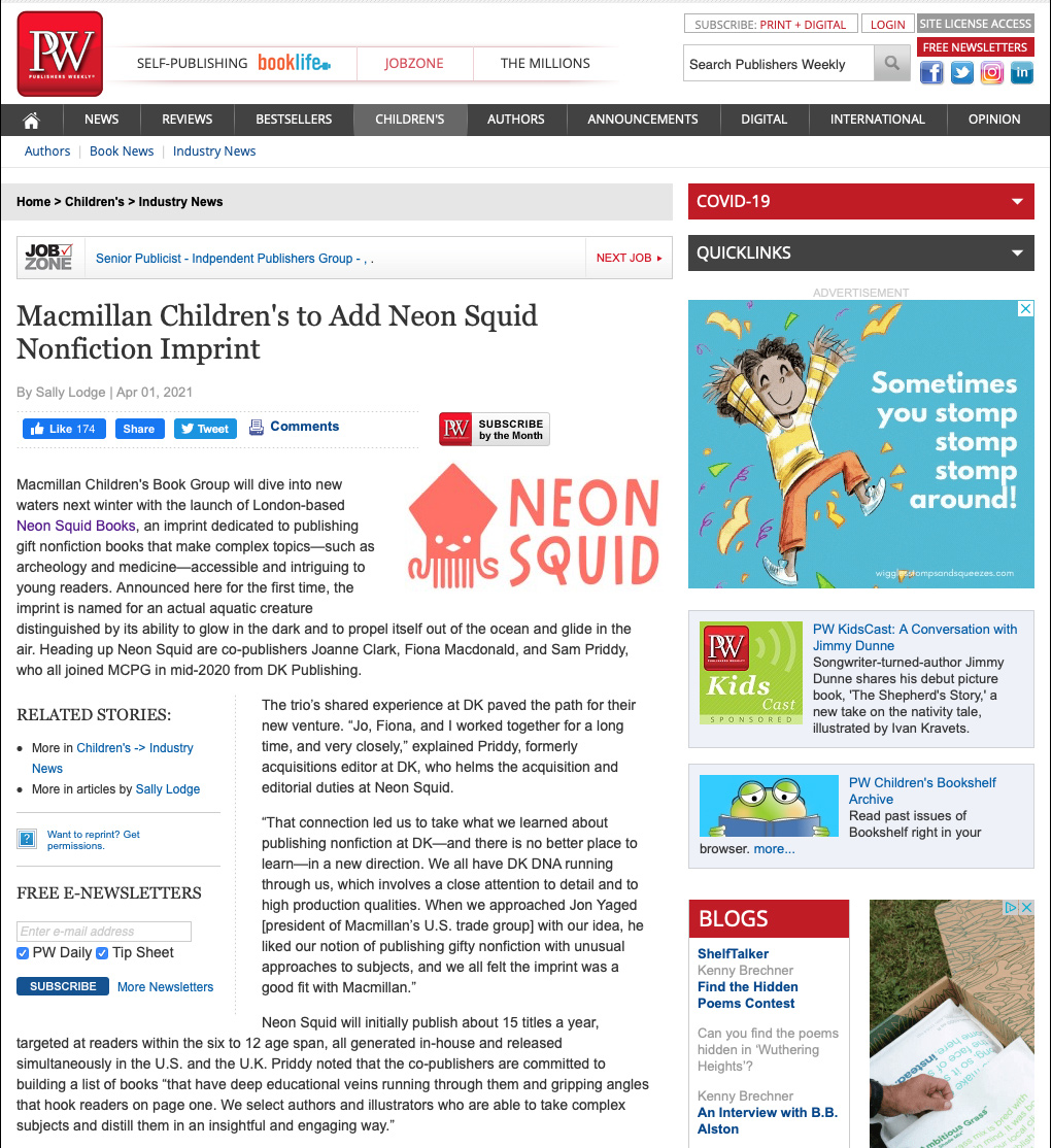 Screenshot of a webpage about marc brown, an author, creating a new imprint called marc brown studios. the page includes the text of an article, images, and various links and sections on a news website.