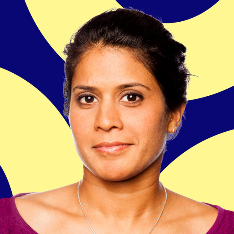 Portrait of a woman with a confident expression, wearing a purple top against a yellow and blue geometric background.