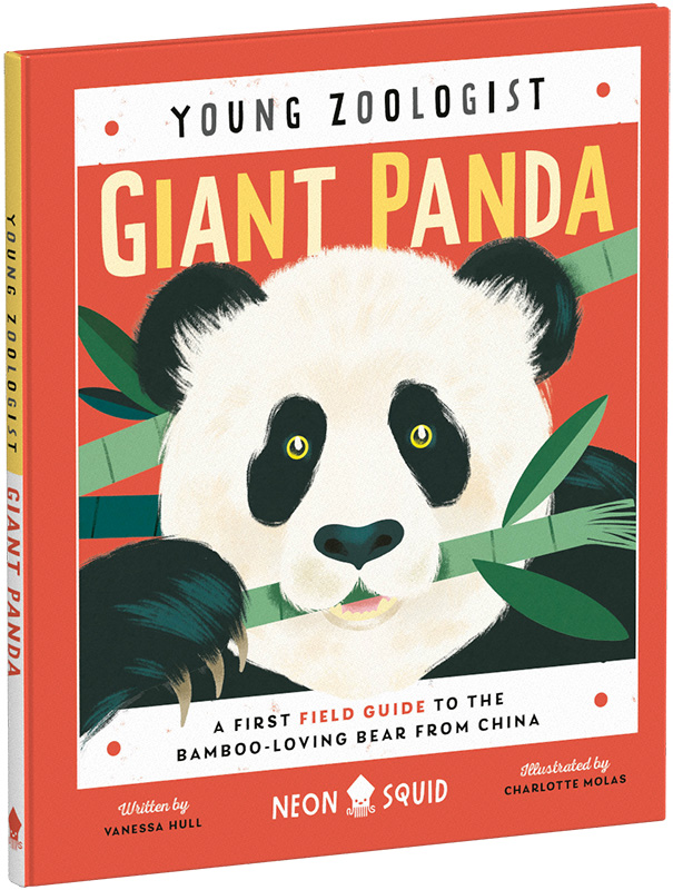 A colorful children's book cover titled "young zoologist: giant panda" features an illustration of a panda's face surrounded by green leaves. the book is authored by vanessa hull and illustrated by charlotte molas.