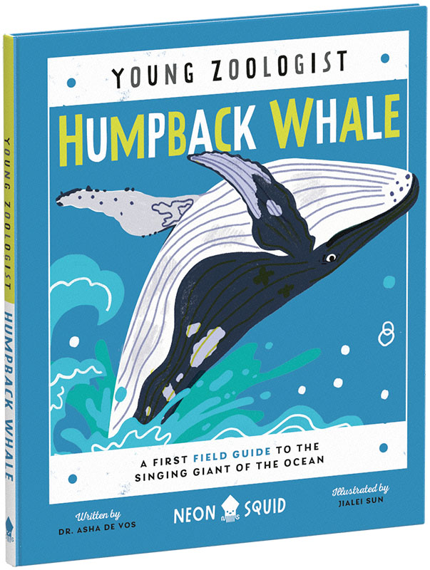 Colorful book cover titled "young zoologist humpback whale" by dr. asha de vos, illustrated by jialei sun, featuring a stylized illustration of a humpback whale and ocean elements in light blue and yellow tones.