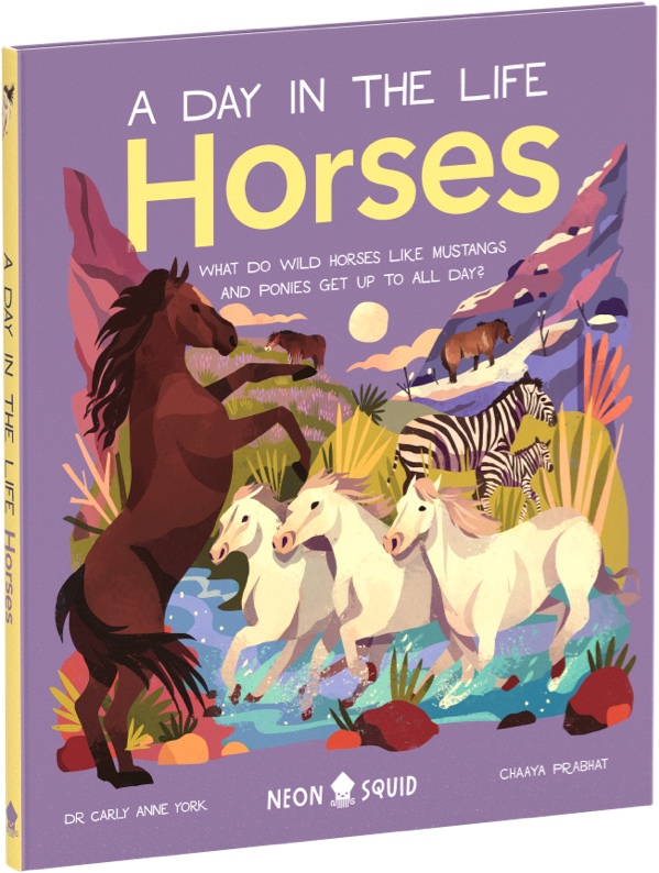 Illustration of a book cover titled "a day in the life: horses" featuring wild horses, including mustangs, running through a colorful landscape with mountains and birds overhead.