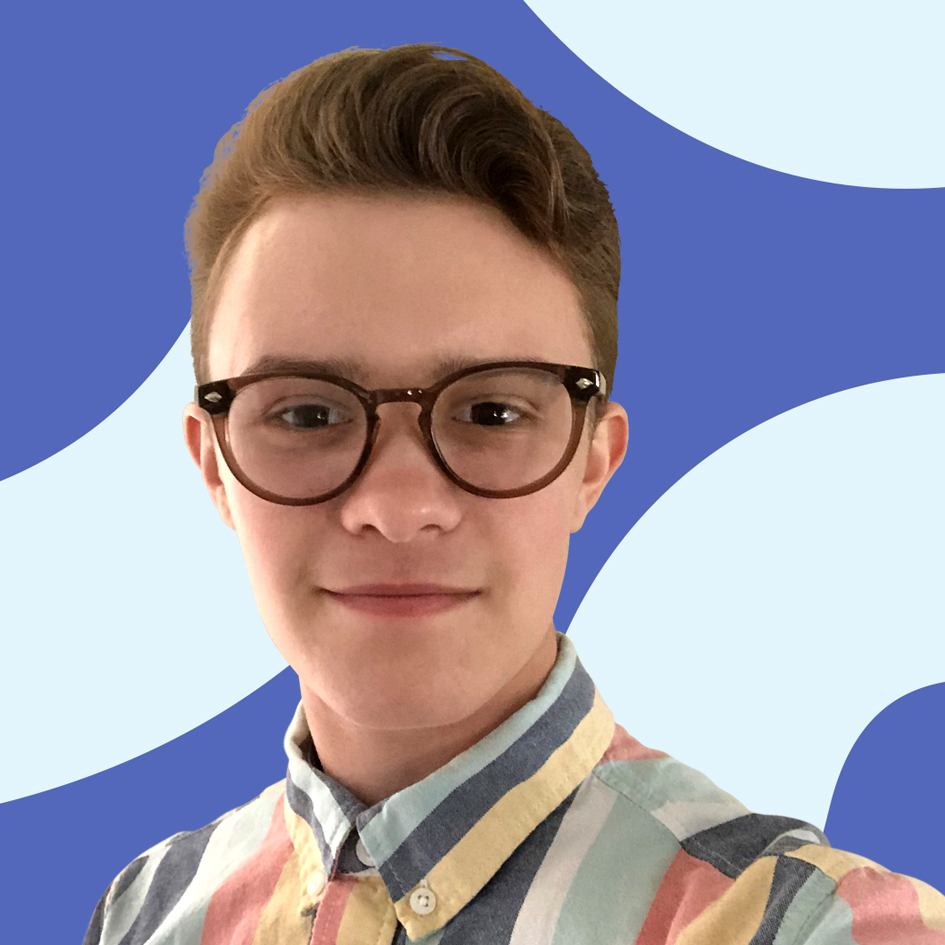 A portrait of a young man with short hair and glasses, wearing a pastel-colored striped shirt, against a blue background with abstract white curves.