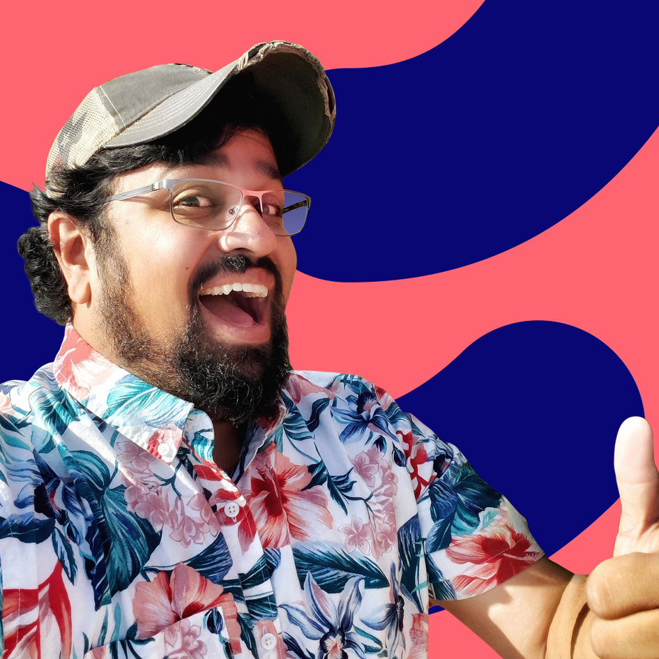 A cheerful man in a floral shirt and cap gives a thumbs up against a vibrant red and blue abstract background.