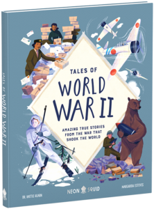 Illustrated book cover titled "tales of world war ii" depicting various wwii scenes including soldiers, a nurse, a bear, and airplanes, framed within a diamond shape surrounded by stacks of books.