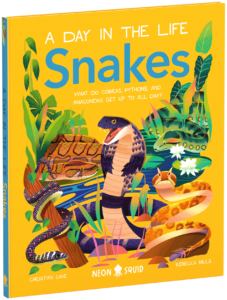 Illustrated book cover titled "a day in the life: snakes," featuring vibrant images of various snakes like cobras, pythons, and anacondas amidst lush greenery and flowers.