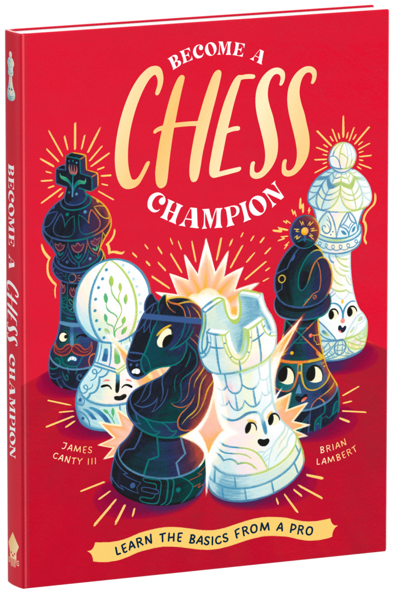 A vibrant red book cover titled "become a chess champion" featuring colorful, stylized chess pieces including a king, queen, and knight, with rays of light emanating from the central pawn.