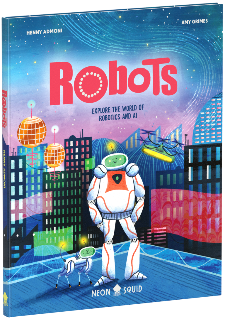 A colorful book cover titled "robots" featuring a large robot and a small dog robot in a futuristic cityscape, with vibrant illustrations of stars and flying vehicles in the background.