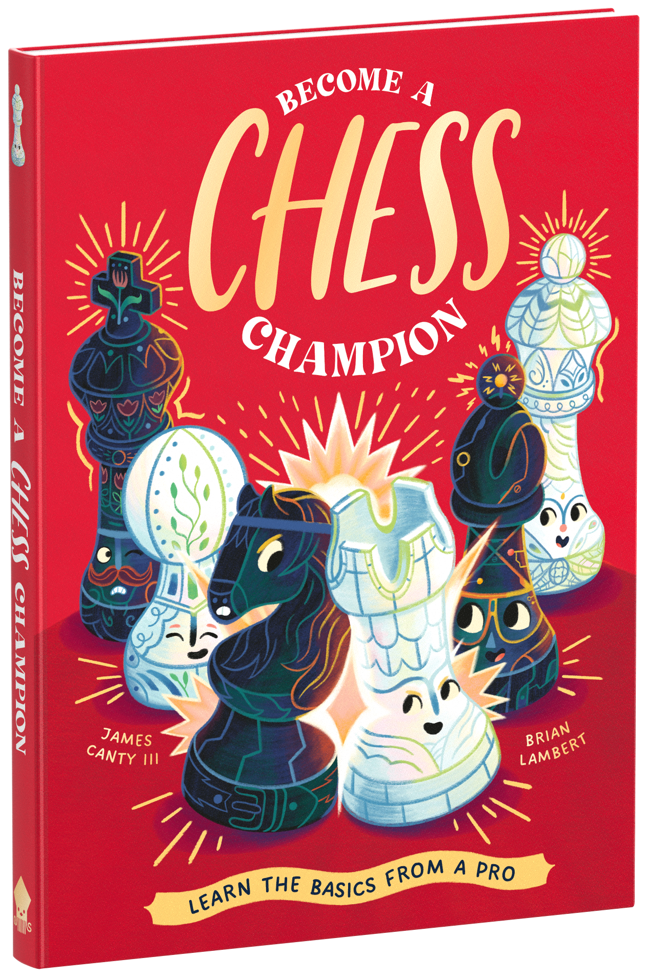 A vibrant red book cover titled "become a chess champion" featuring colorful, stylized chess pieces including a king, queen, and knight, with rays of light emanating from the central pawn.