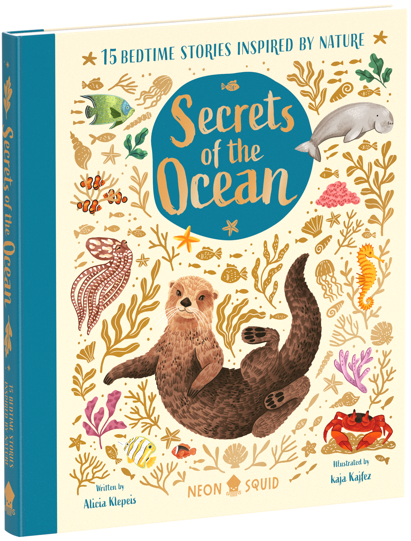 Cover of the book "secrets of the ocean," featuring a playful otter, a dolphin, and various marine life with colorful illustrations. text indicates it contains 15 bedtime stories inspired by nature.