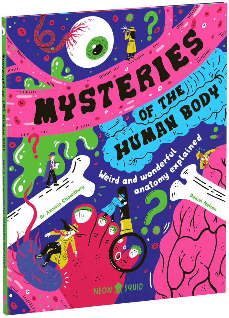 Colorful book cover titled "Mysteries of the Human Body" with playful illustrations and colorful text.