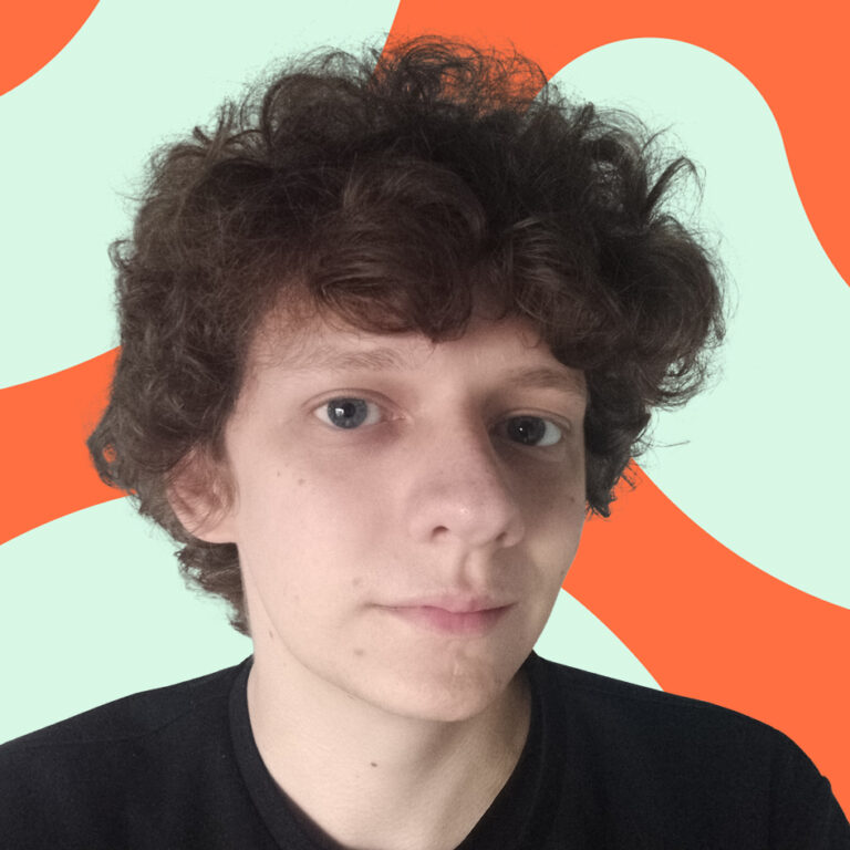 Person with curly hair and a neutral expression against a wavy orange and light blue background.