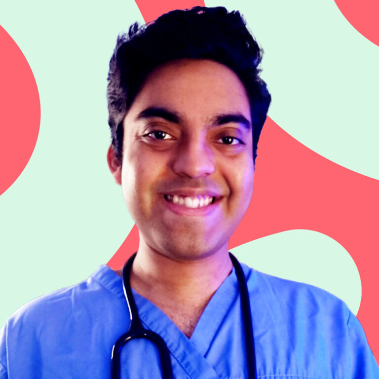 Smiling person in blue scrubs with stethoscope, set against a colorful abstract background.