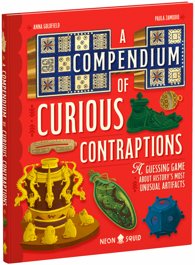 Book cover of "A Compendium of Curious Contraptions" with images of unusual historical artifacts on a red background.