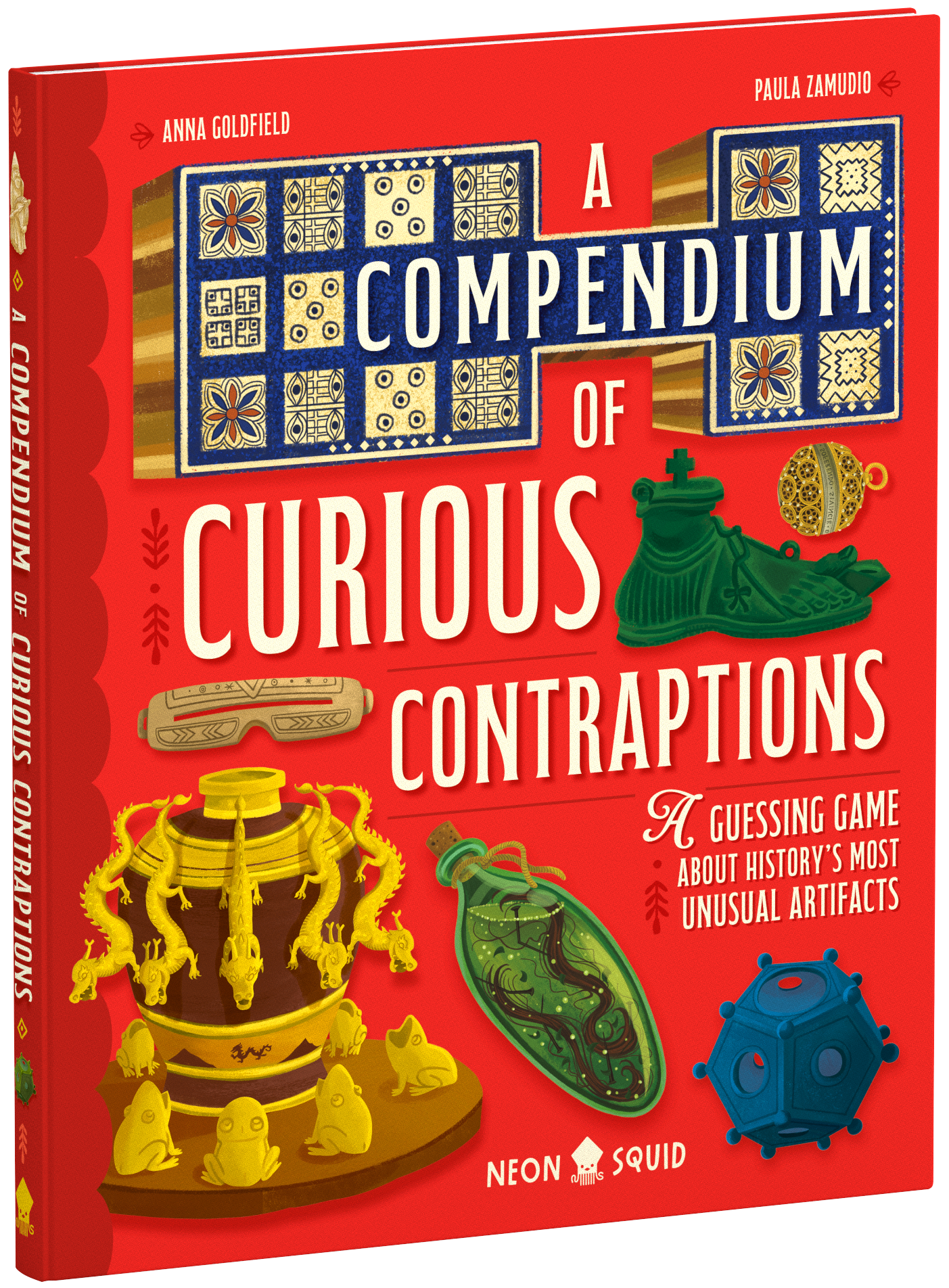 Book cover of "A Compendium of Curious Contraptions" with images of unusual historical artifacts on a red background.