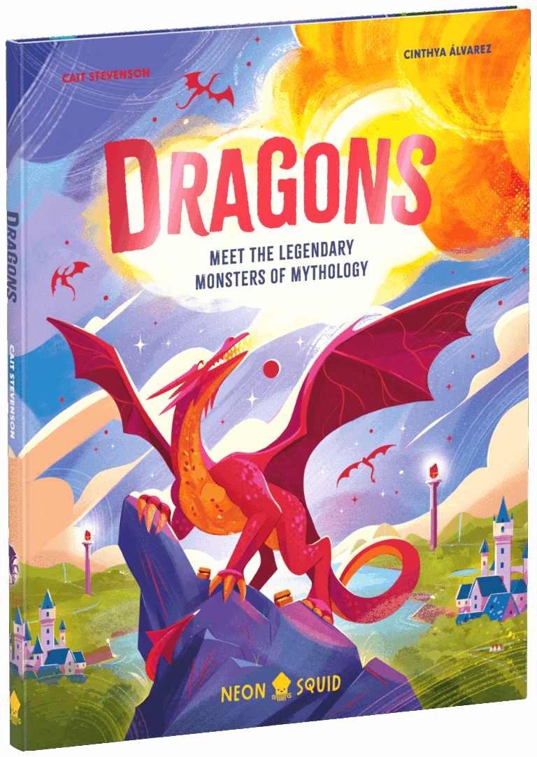 Book cover of "Dragons" showing a red dragon on rocks with a bright sun and colorful sky in the background.