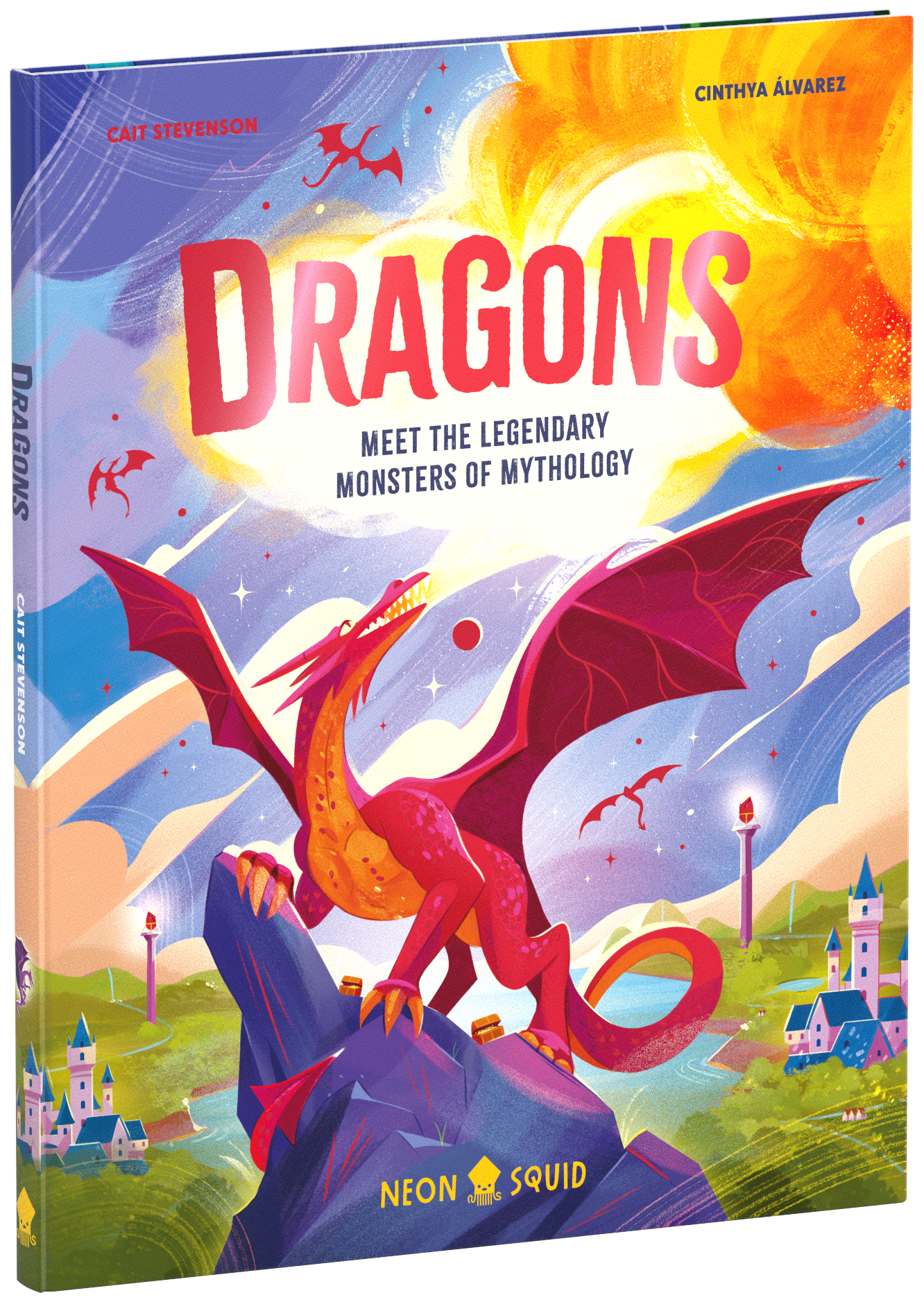 Book cover of "Dragons" showing a red dragon on rocks with a bright sun and colorful sky in the background.