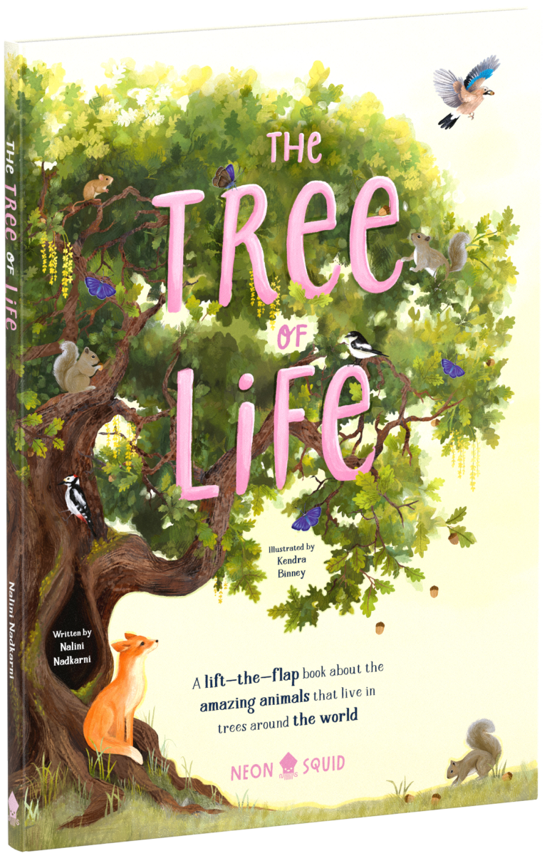 Book cover: "The Tree of Life" with animals in a tree, including squirrels and birds. Fox sits below. Illustrated by Kendra Binney.