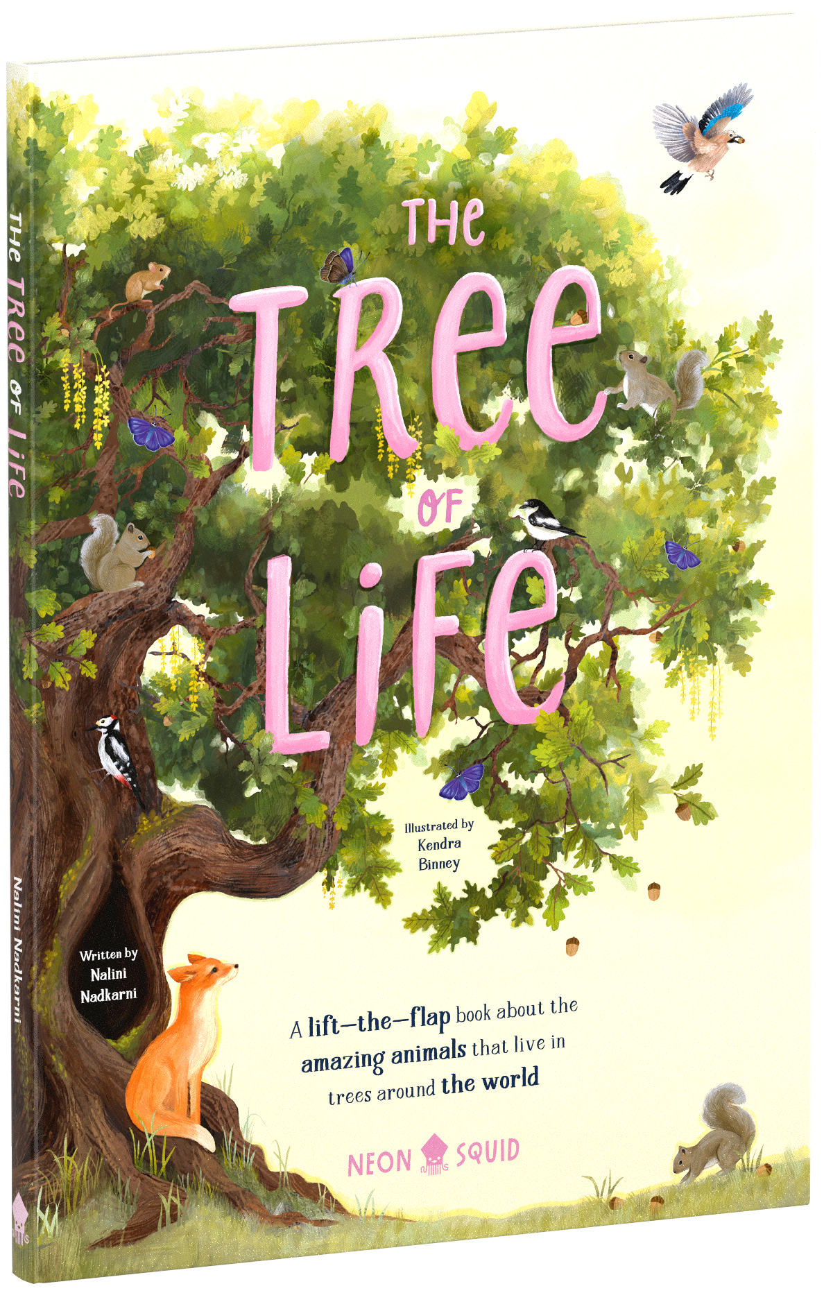 Book cover: "The Tree of Life" with animals in a tree, including squirrels and birds. Fox sits below. Illustrated by Kendra Binney.