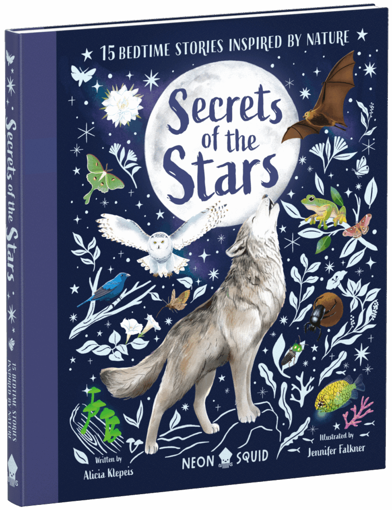 Book cover: A wolf howls at a moon, surrounded by animals, plants, and stars, with the title "Secrets of the Stars.