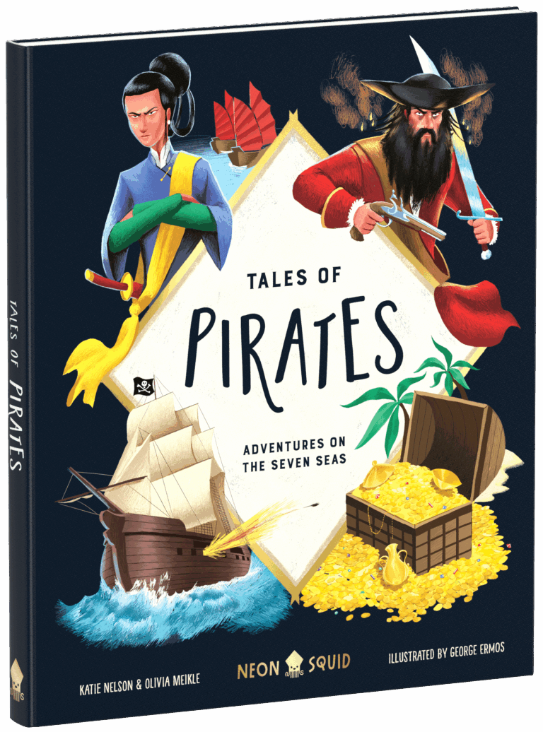 Book cover: "Tales of Pirates" with illustrated pirates, a ship, treasure chest, and ocean waves.