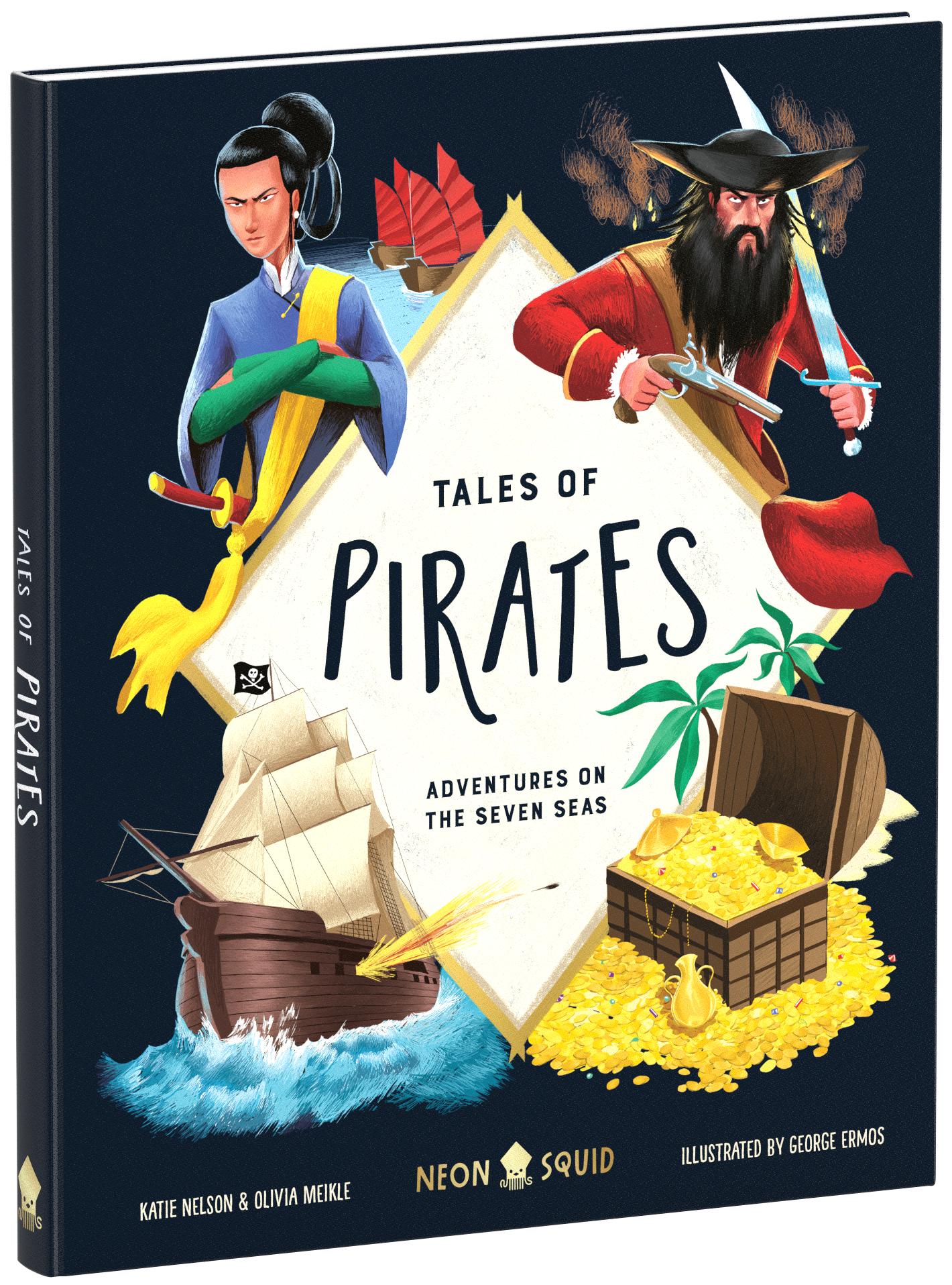 Book cover: "Tales of Pirates" with illustrated pirates, a ship, treasure chest, and ocean waves.