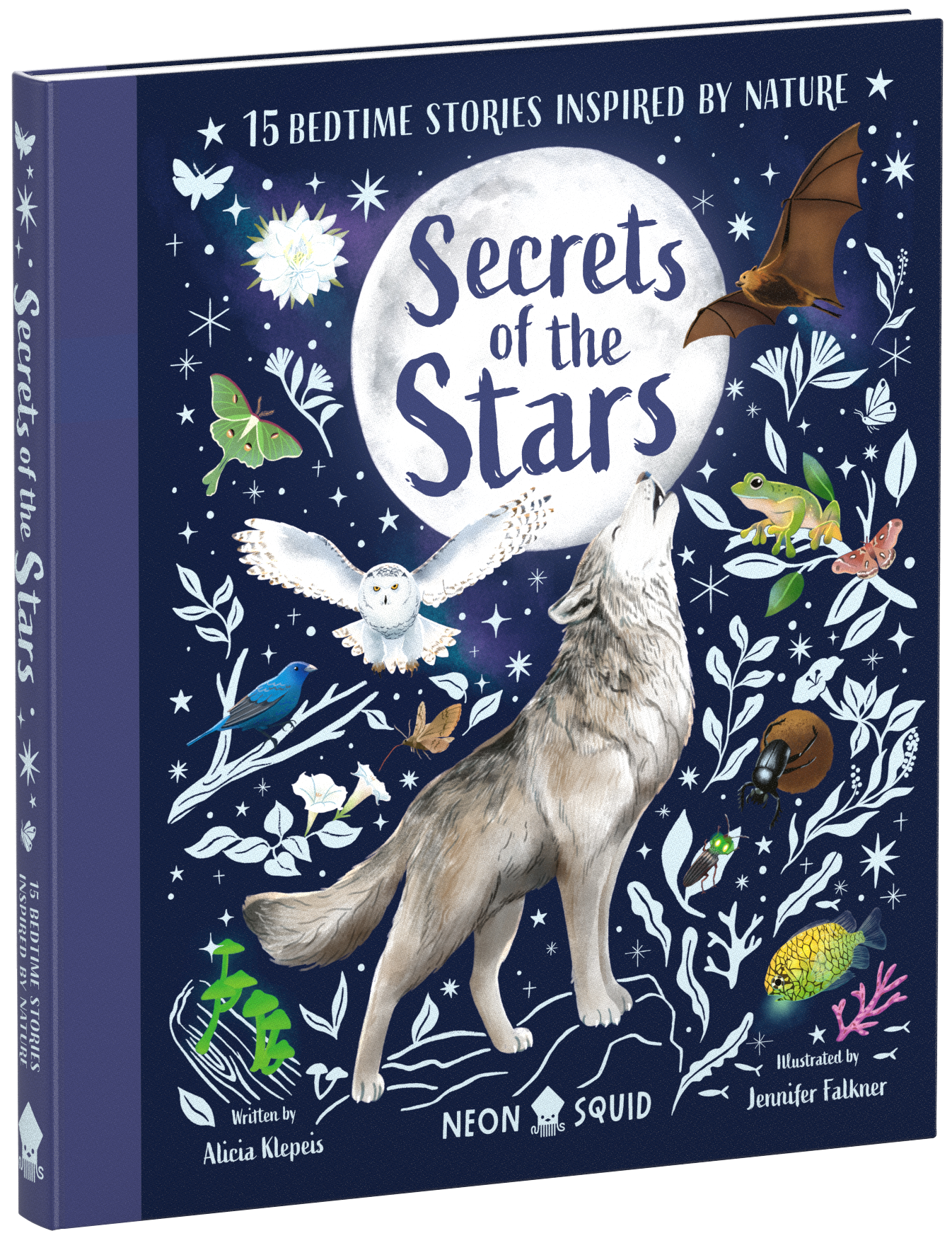 Book cover: A wolf howls at a moon, surrounded by animals, plants, and stars, with the title "Secrets of the Stars.