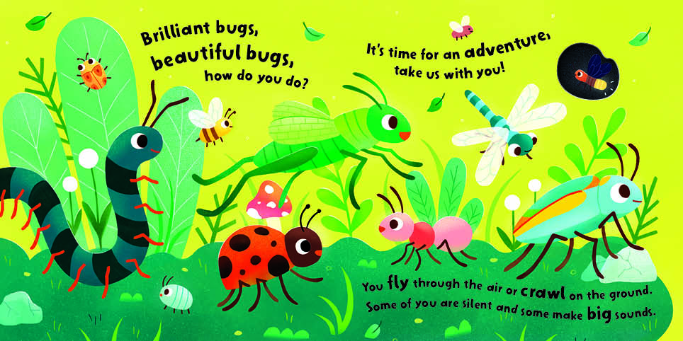 Colorful cartoon bugs in grass with text asking how bugs move—some fly, some crawl, and some make big sounds.