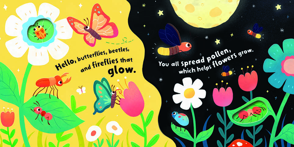 Cartoon insects and flowers by day and night with text about butterflies, beetles, fireflies, and pollination.
