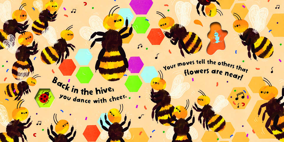Illustrated bees dancing near colorful hexagons, celebrating with music and confetti. Text about bees signaling flowers.