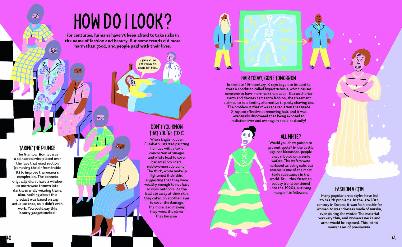 Illustrated spread showing historical fashion and beauty trends, with diverse people in colorful period clothing.