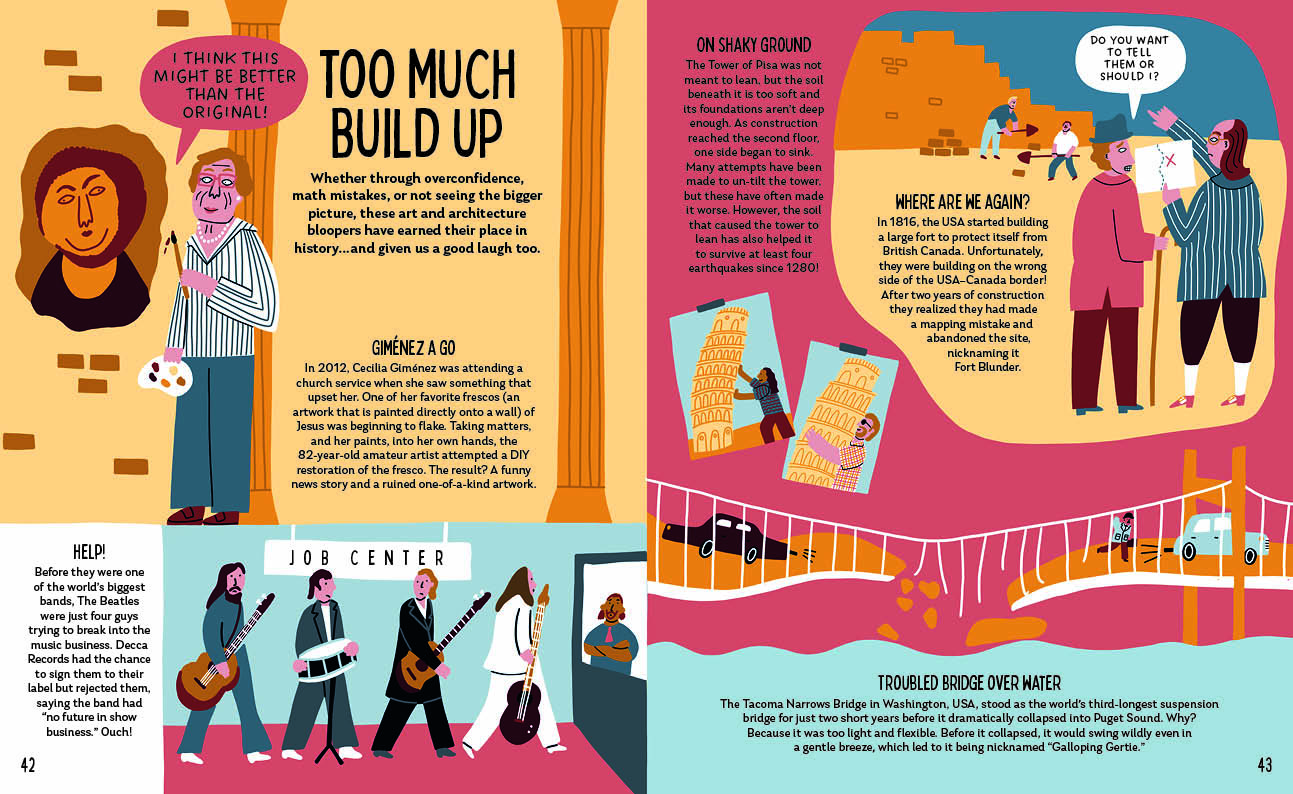 A colorful illustrated magazine spread with text, people talking, and images of bridges and musicians across two pages.