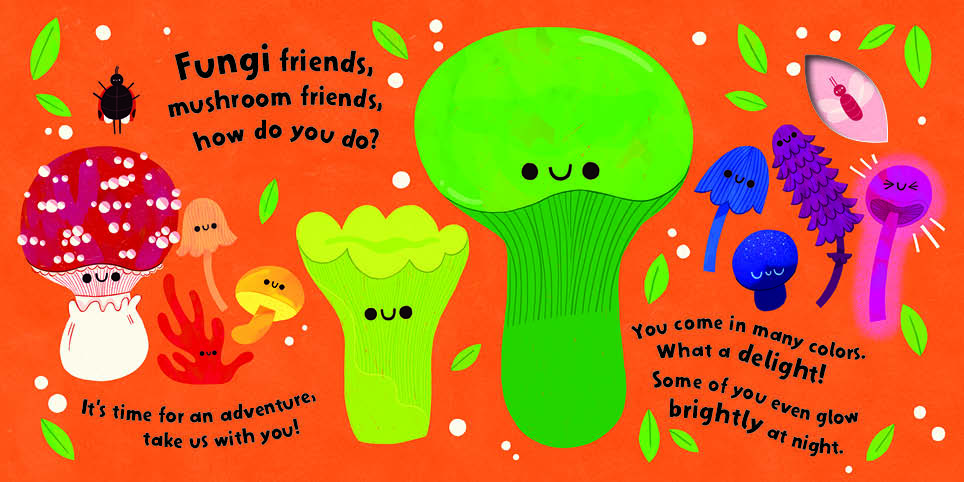Illustration of colorful, smiling mushrooms and fungi with playful text about their friendship and adventures.