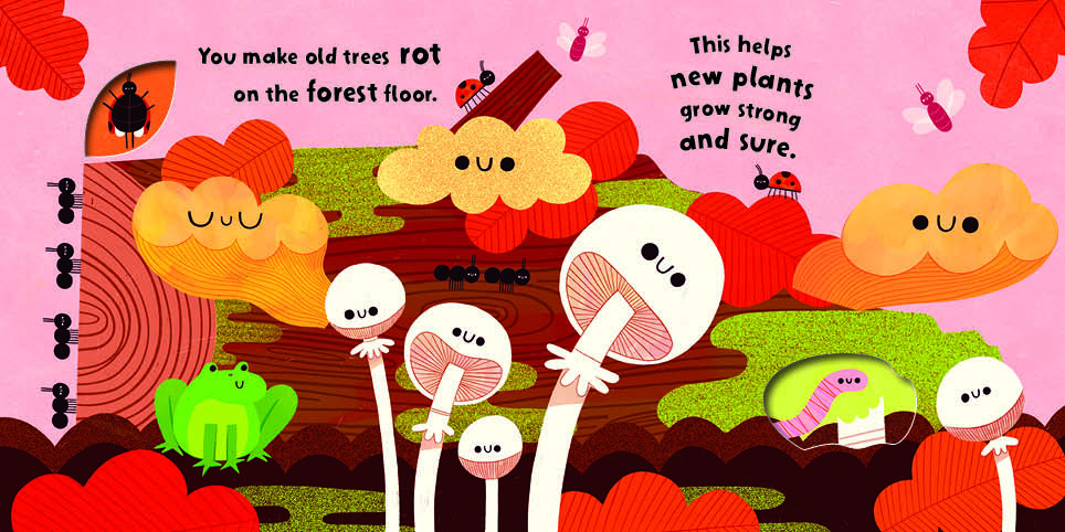 Cartoon ants, fungi, ladybugs, a frog, and smiling clouds on a colorful forest floor with text about decomposition.