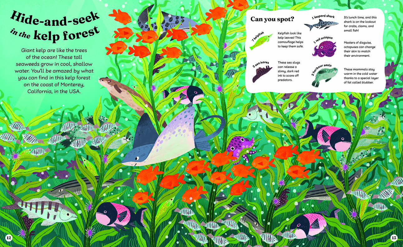 Colorful fish and sea creatures hide among tall green kelp and orange marine plants in a vibrant underwater scene.