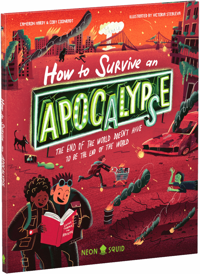 Colorful illustrated book cover titled "How to Survive an Apocalypse," showing chaos and people reading.