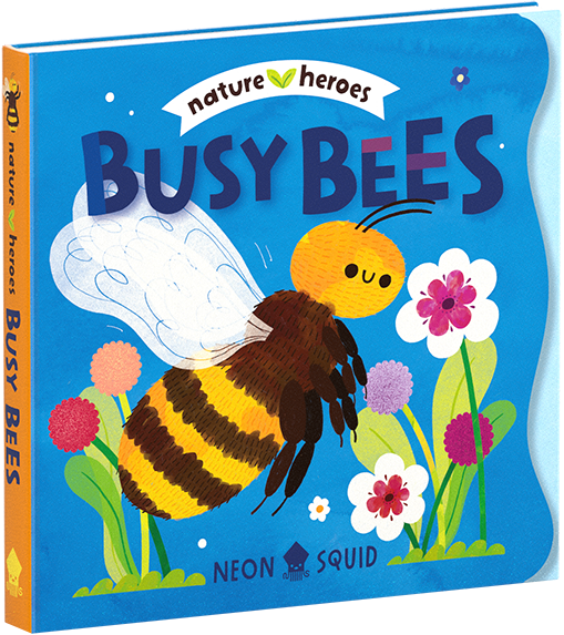 Illustrated children's book cover titled "Busy Bees" with a smiling bee and colorful flowers on a blue background.