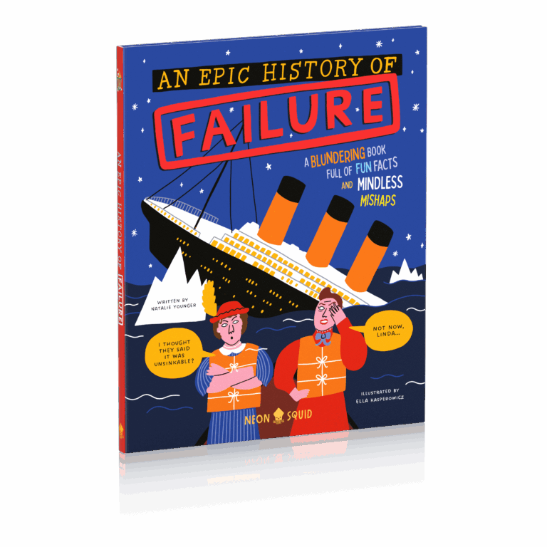 Book cover titled "An Epic History of Failure" with a sinking ship and two worried people in life vests.