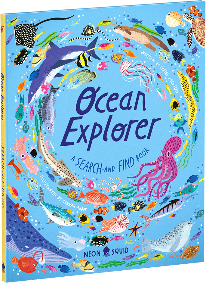 A colorful children’s book cover titled "Ocean Explorer" with various illustrated sea creatures on a blue background.