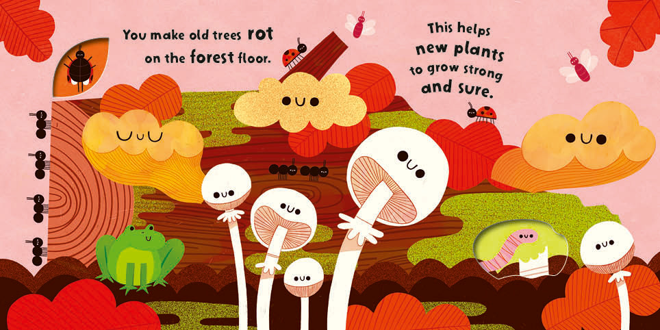 Cartoon ants, fungi, ladybugs, a frog, and smiling clouds on a colorful forest floor with text about decomposition.