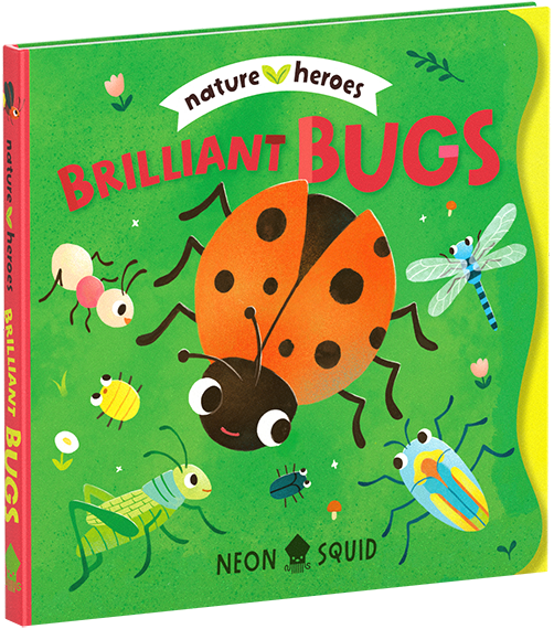 Children’s book titled “Brilliant Bugs” with cartoon bugs on a bright green cover.