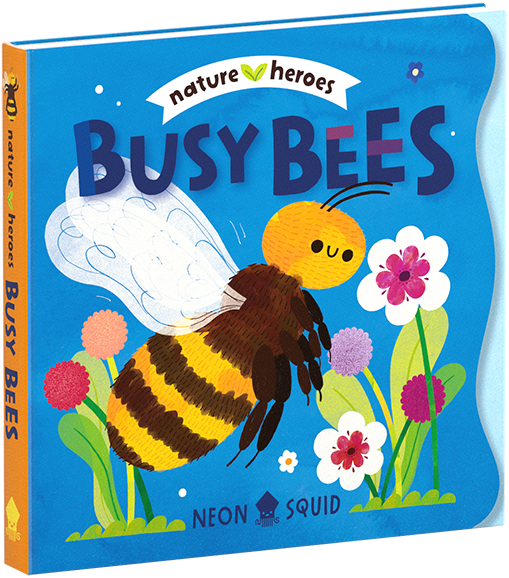 Illustrated children's book cover titled "Busy Bees" with a smiling bee and colorful flowers on a blue background.