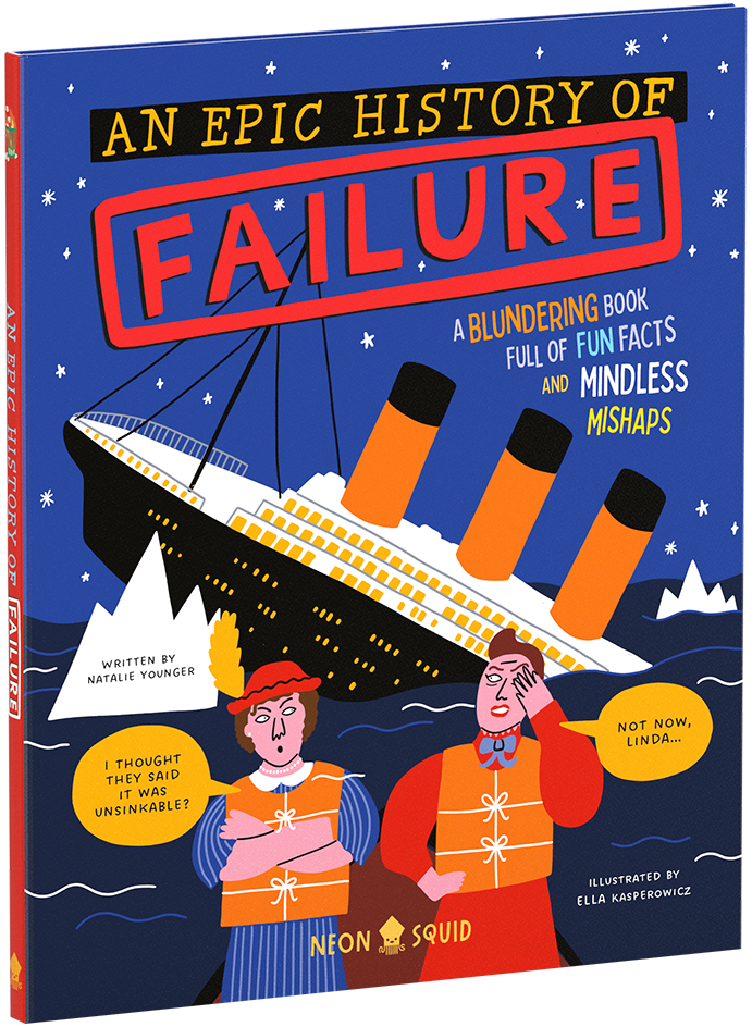 Book cover titled "An Epic History of Failure" with a sinking Titanic and two worried people in life vests.